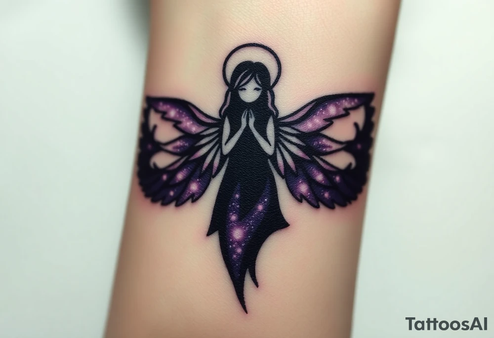 A dark angel figure with starry wings, the edges of the wings have galaxies within them, deep black and purple hues glowing with specks of white. tattoo idea