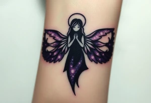 A dark angel figure with starry wings, the edges of the wings have galaxies within them, deep black and purple hues glowing with specks of white. tattoo idea