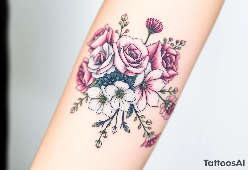 Bouquet of roses, snowdrops, marigolds, asters and gladioli tattoo idea