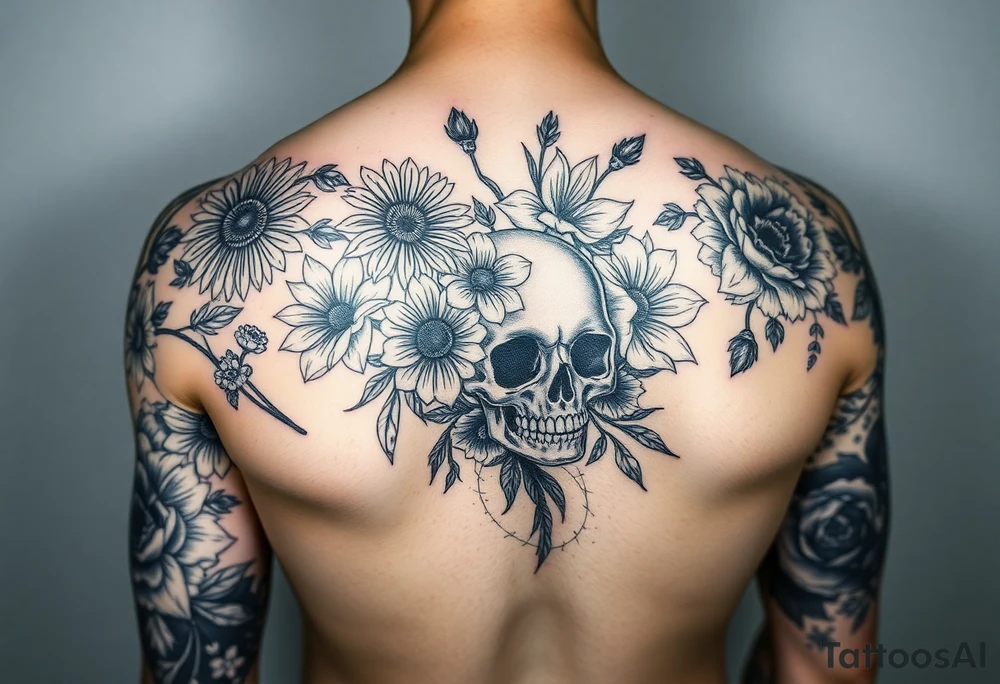 Half sleeve of Dark gothic florals with daisies, poppies,  white narcissus, sweet peas and gladiolus with a skull tattoo idea