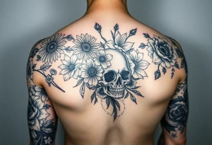 Half sleeve of Dark gothic florals with daisies, poppies,  white narcissus, sweet peas and gladiolus with a skull tattoo idea