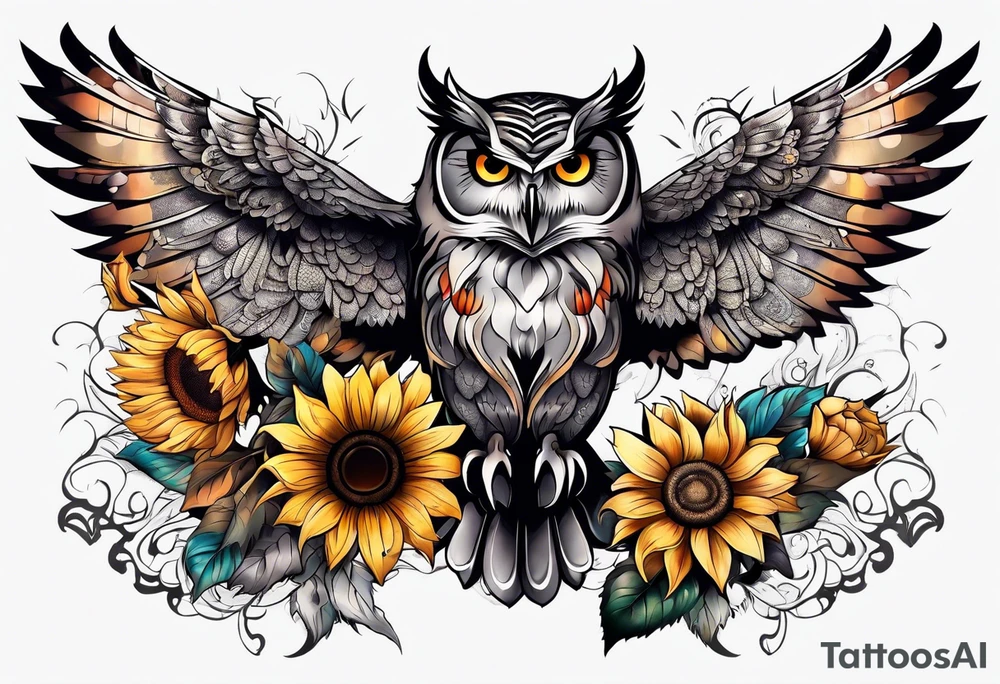 Sleeve with an owl, sunflower and butterfly tattoo idea