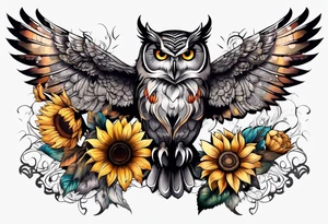 Sleeve with an owl, sunflower and butterfly tattoo idea