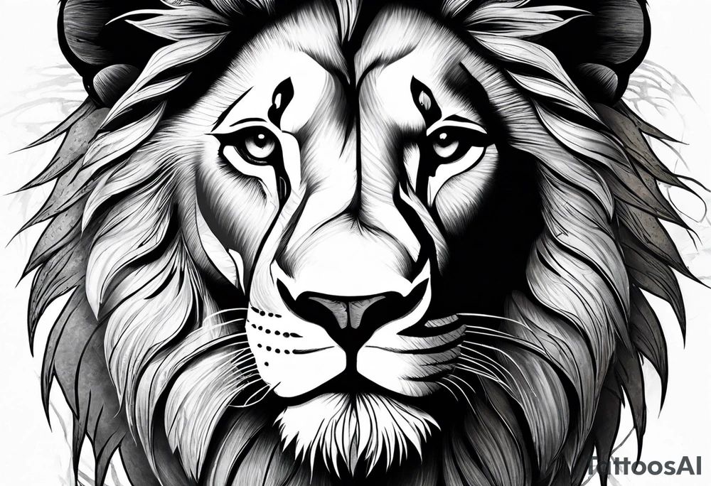 Full sleeve tattoo depicting a large lion with one blind eye with a scar going through the eye, protecting his lioness while they both also protect 6 lion cubs. Background should depict a safari scene tattoo idea
