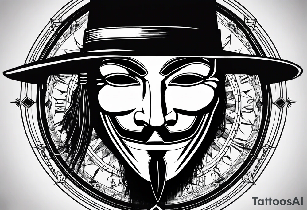 Centered v for vendetta, mask only. No hat.   Vintage compass surround. Crossing Swords tattoo idea