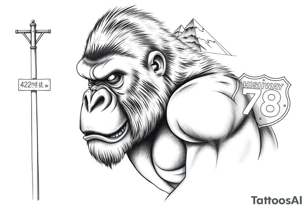 powerful aggressive gorilla with a street sign with a pole on the left that says 42nd st w, a highway sign on the right that says highway 78 and pyramids above the ape’s head that have snow on them all in close proximity. tattoo idea