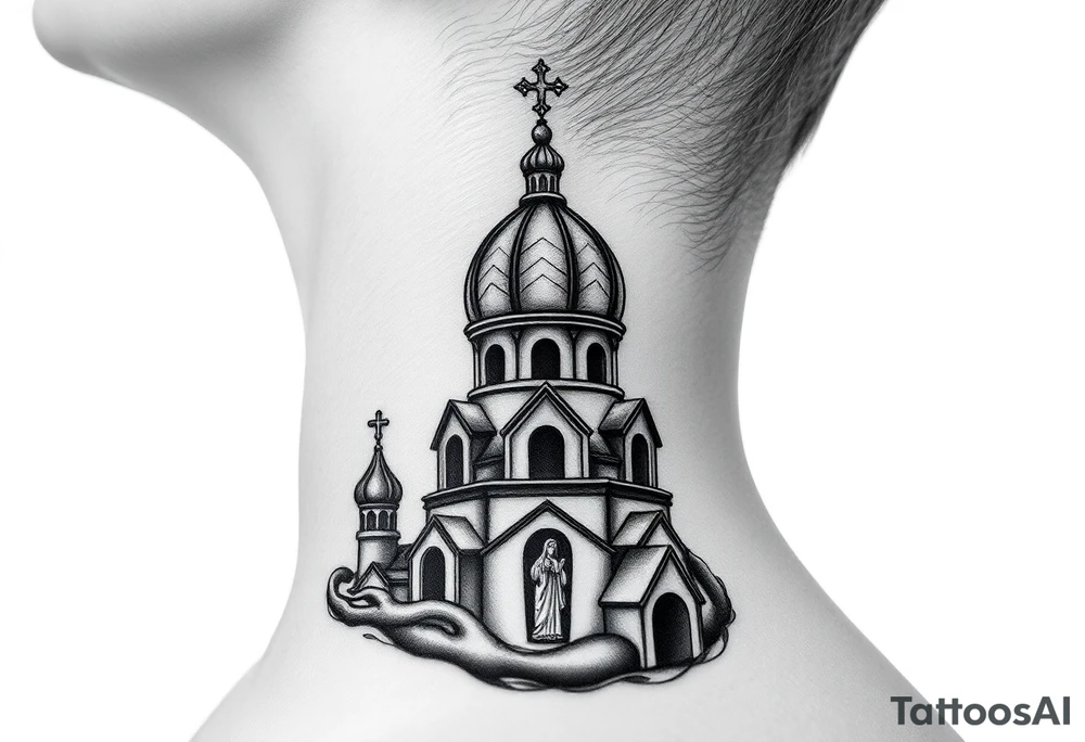 Flowing Scene

A onion dome orthodox church
Virgin Mary in prayer pose wrapping around the lower neck curve
A small double headed russian coat of arms eagle or just the star tucked above the dome near the hairline tattoo idea