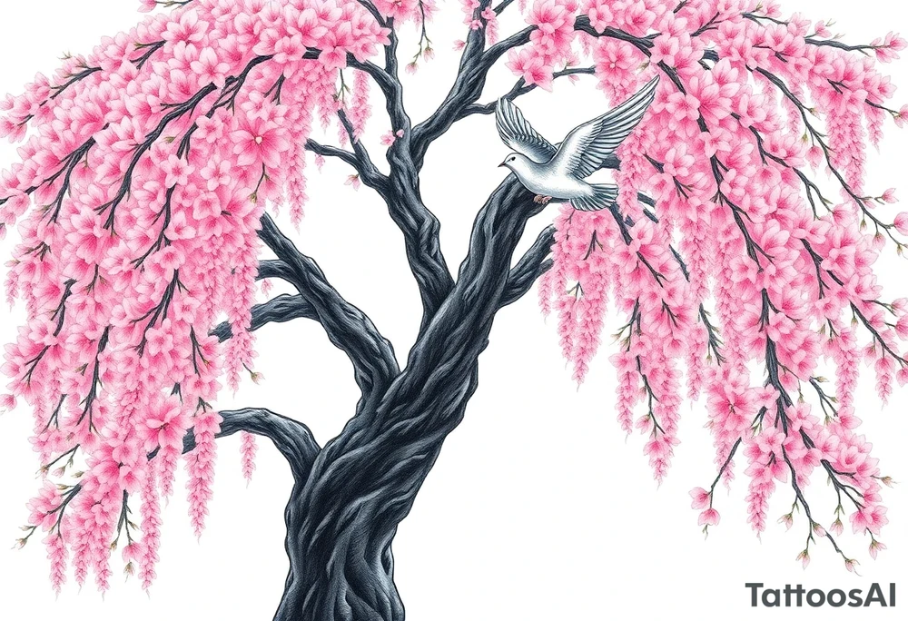 A big pink, weeping tree with huge  lushish leaves and a beautiful trunk. there are 2 doves. 1 is a flying into the sky. The second one is hovering above the ground that’s turning black like she stained with grief. Goth romance 
These are the dates I want dainty in the heavily overflow of weeping cherry blossom branches and leaves March 31, 2024 – July 2, 2024 tattoo idea