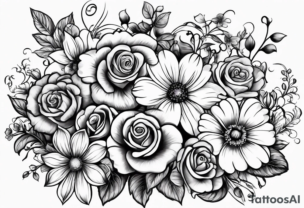 black and gray bunch of flowers that include violets, daffodils, daisies, roses, morning glorys, marigolds, chysanthemums with text at the bottoms reading "Find someone who grows flowers in the darkest part of you" tattoo idea