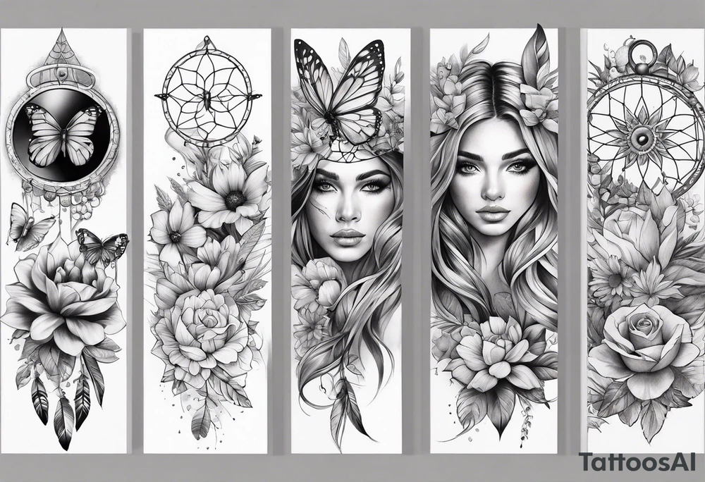 arm sleeve with dreamcatcher, rainbow flowers and one butterfly tattoo idea
