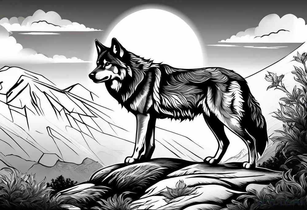 strength, small, howling wolf, elegant, sun, lenghty tattoo idea