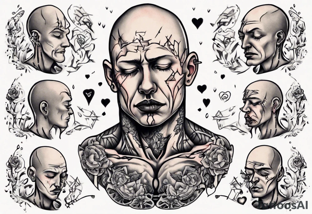 bald heartbroken man closeup tattoo idea