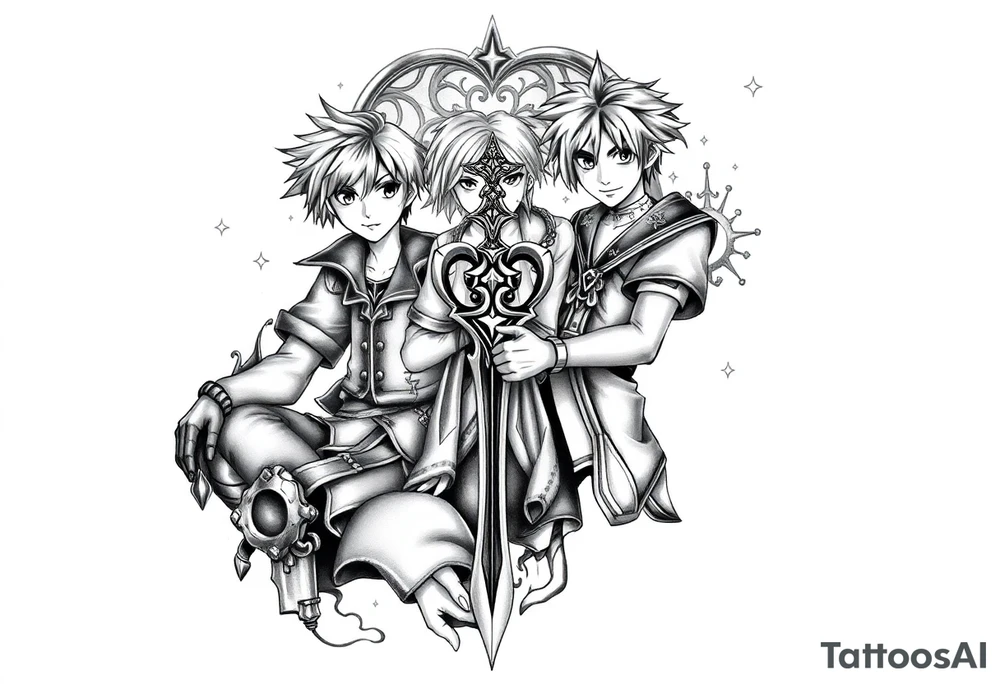 Kingdom Hearts tattoo design featuring from the game, together in a dynamic, united pose. The centerpiece should include the Heartless Keyblade, with a beautiful and ethereal Kingdom Hearts-inspired background—think glowing stars, floating islands, and stained-glass elements in backroung. The design should capture themes of friendship, light vs. darkness, and adventure. Style should be detailed, fantasy-oriented, and suitable for a large piece tattoo idea