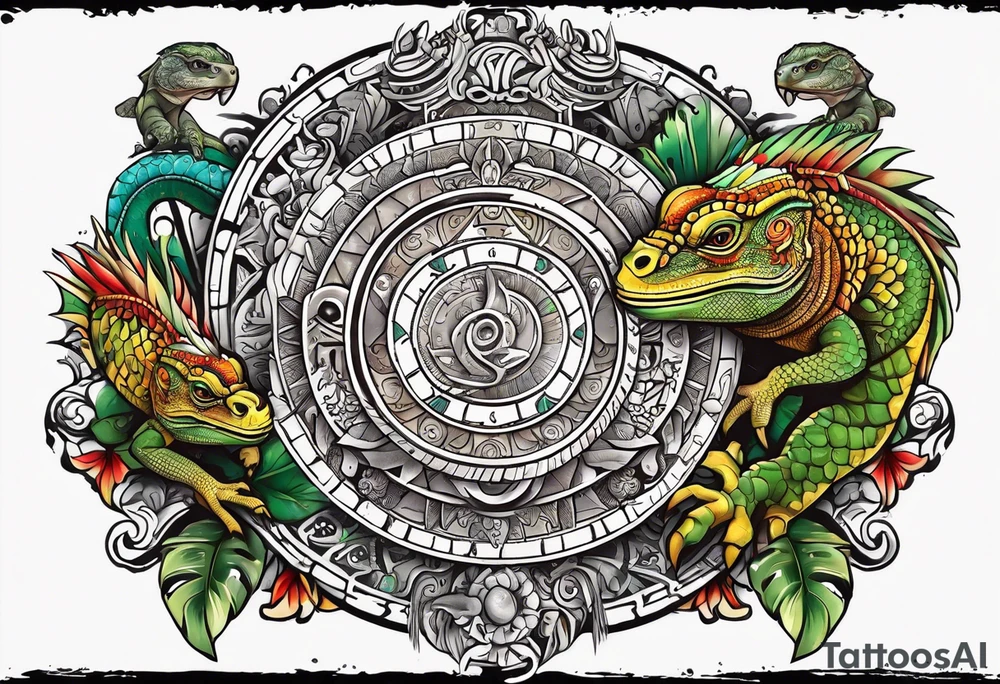 Mayan calendar with large iguanas with long tails intertangled at the bottom tattoo idea