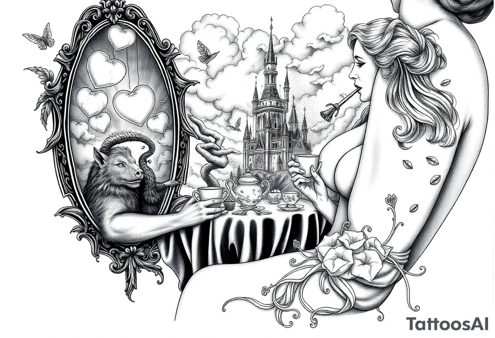 Mystical Naked Man and woman having sex eating cupcakes and  fruit  having sex clouds gothic sexy naked fat lady having a tea party with tea pot with fancy castle  
with a pigs, peacock, noose, lion, goat, smoking cigerettes looking in the mirror thru storm clouds with razor blades and broken hearts and darkness and wrath, envy , gluttony, greed, sloth, pride kill tattoo idea