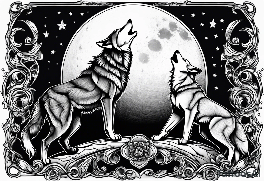 Wolfs and cubs howling at moon tattoo idea