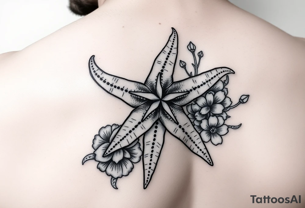 Starfish and sea flora done in the style used during World War Two tattoo idea