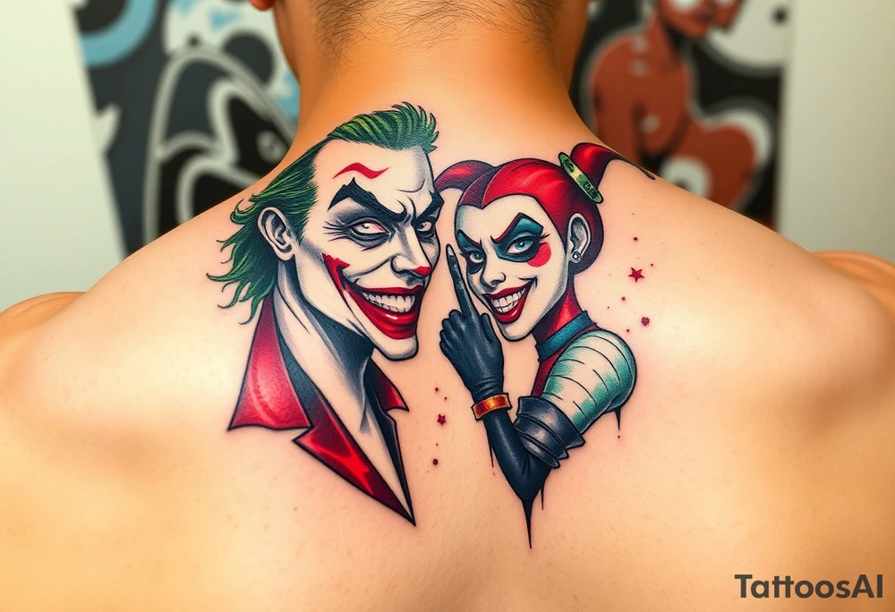 toxic 3d joker and Harley quin together design tattoo idea