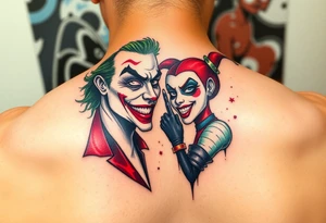 toxic 3d joker and Harley quin together design tattoo idea