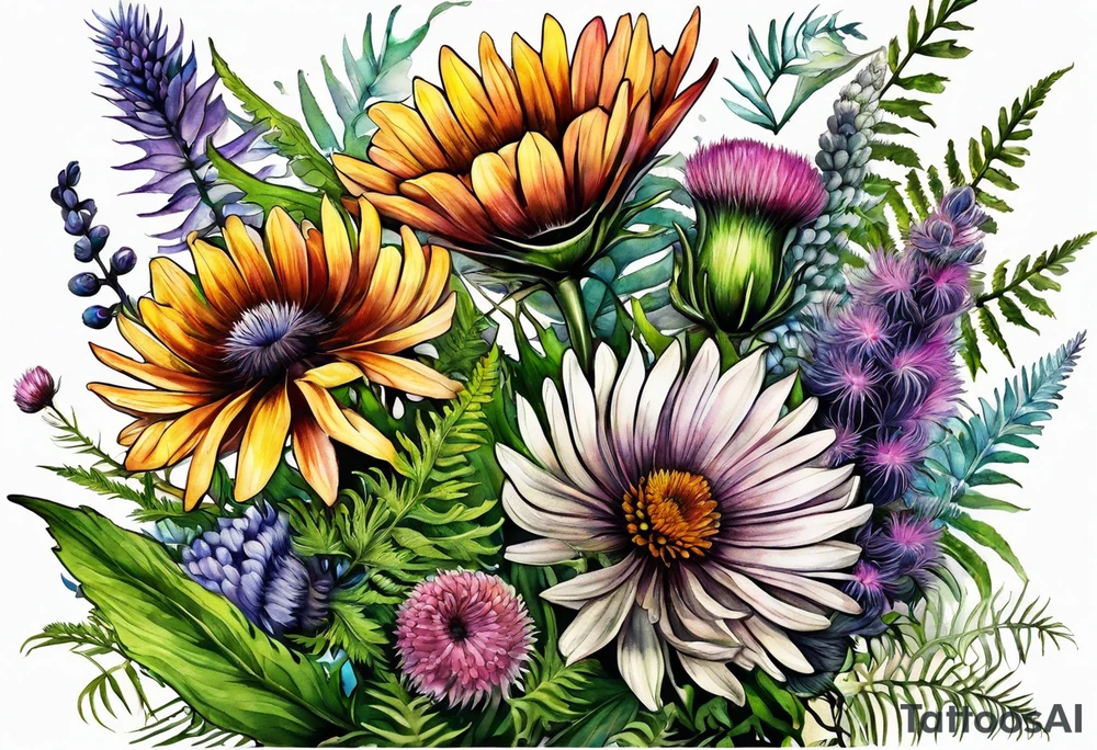 spread out mixed wildflower bouquet with ferns, thistle and with color tattoo idea