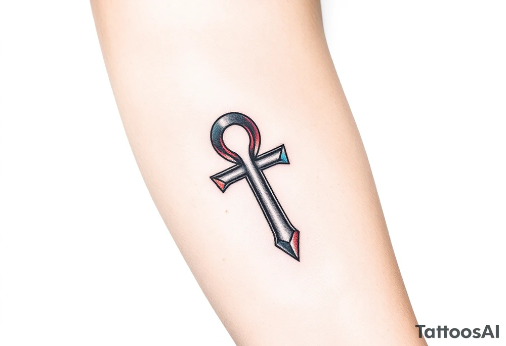 A Hand Holding an Ankh with a Name Written Inside(only red, blue and black are possible colors) tattoo idea