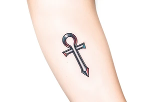 A Hand Holding an Ankh with a Name Written Inside(only red, blue and black are possible colors) tattoo idea