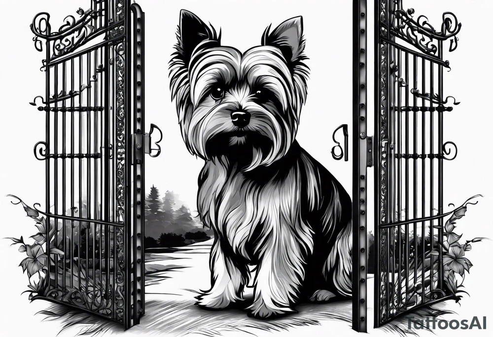 Yorkshire terrier standing outside of paradise. The gate is half opened. On the gate is written the date 05.06.2024 tattoo idea