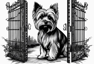 Yorkshire terrier standing outside of paradise. The gate is half opened. On the gate is written the date 05.06.2024 tattoo idea