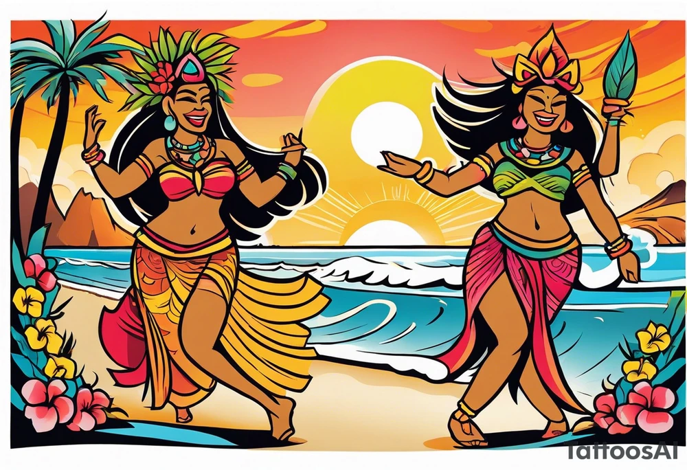 dancing tiki gods with sexy hula women having a dance part on the beach with a sunset in the center of the image tattoo idea