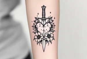dagger piercing a heart with roses and sunflowers tattoo idea