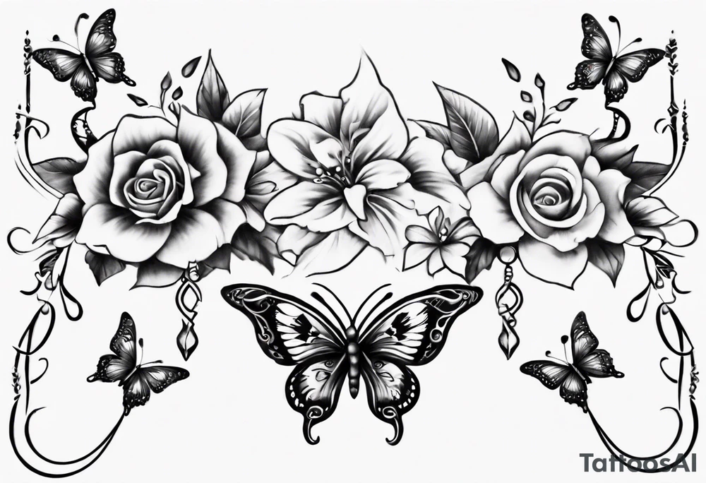 Ankle bracelet tattoo with flowers and butterflies and larger in the centre tattoo idea