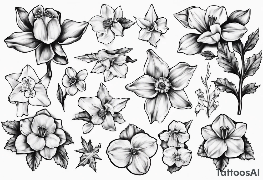 OAKLEE with Narcissus and holly flowers tattoo idea