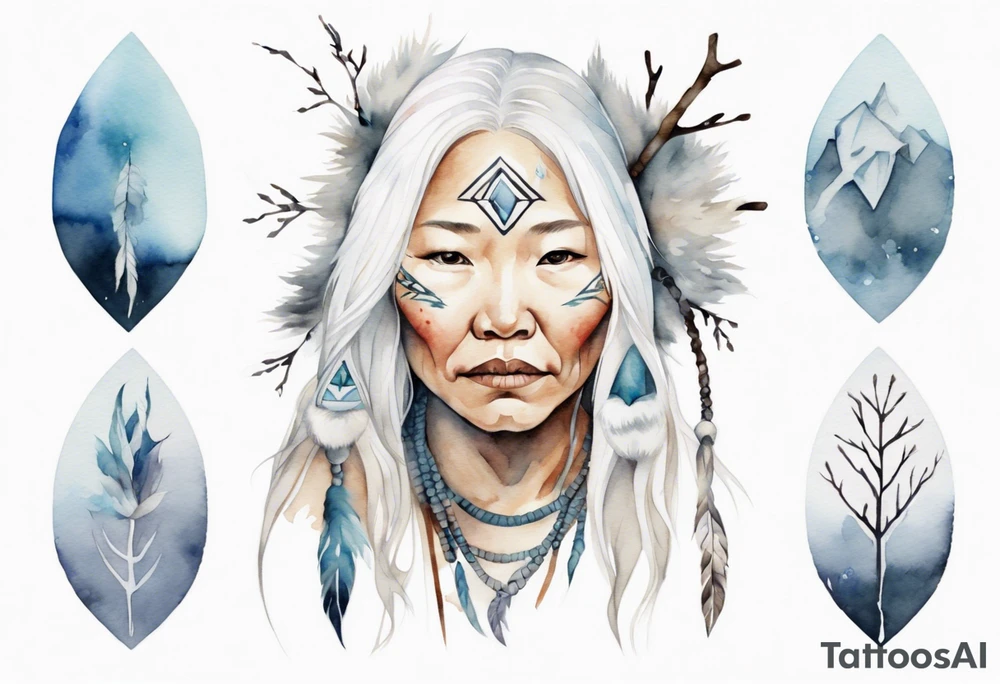 a watercolor of an Inuit woman with long white hair with a white twig in her hand tattoo idea