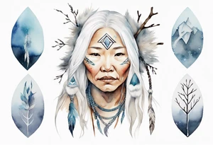 a watercolor of an Inuit woman with long white hair with a white twig in her hand tattoo idea
