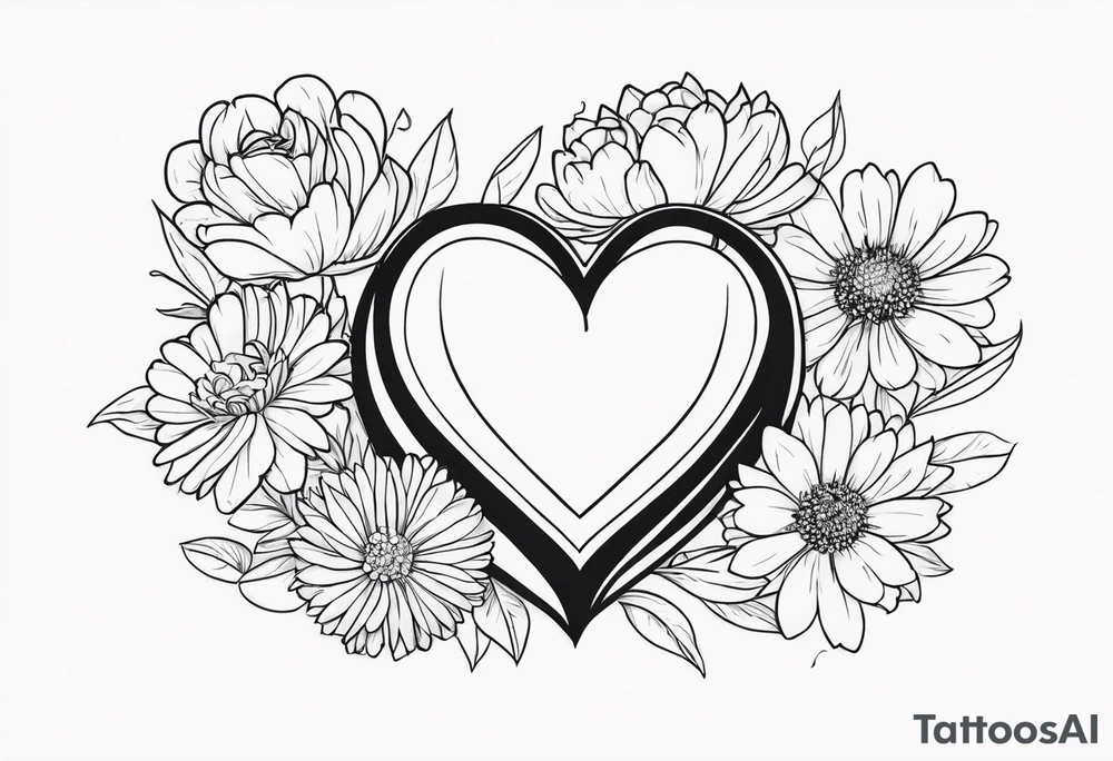 Heart with aster flowers and Cameron as the line to draw the heart and the time 8:34am written in words tattoo idea