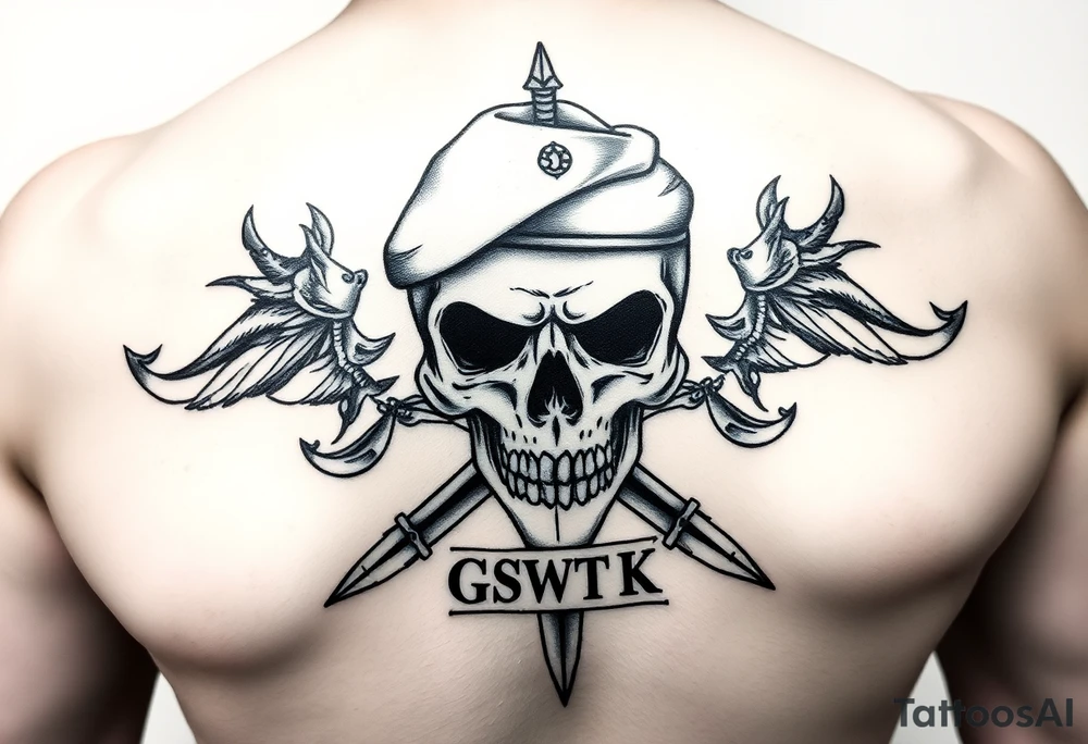 Create me military tattoo with skull, sword, beret in skull and word that say GWOT kid tattoo idea