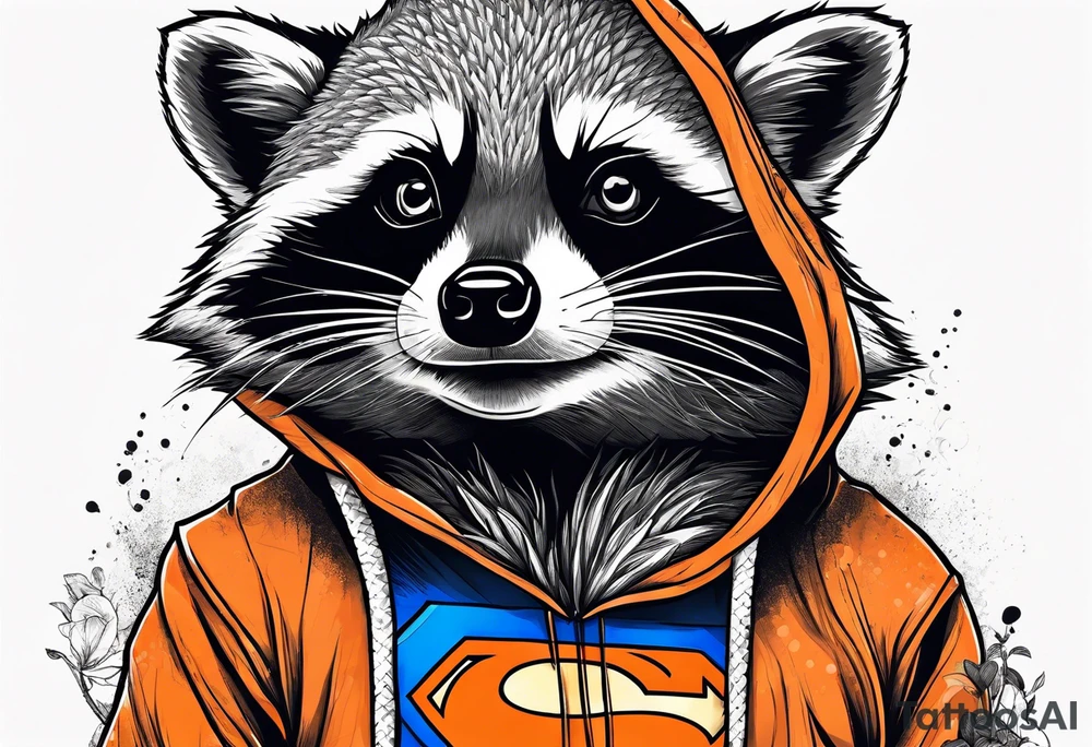 Raccoon wearing an orange Superman hoodie tattoo idea