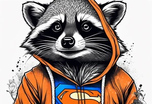 Raccoon wearing an orange Superman hoodie tattoo idea