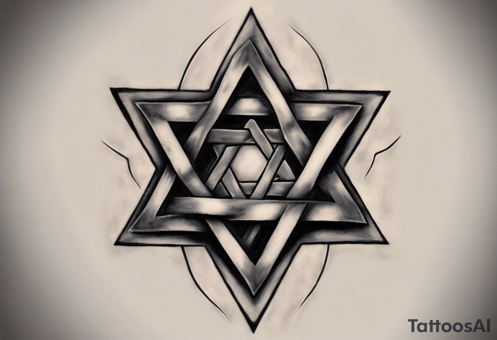 Generate a small 3”x3” tattoo with a rough metal tarnished Star of David using black & grey ultra realism tattoo style that looks as if it was woven into the muscles of the of the left peck. With “Pain is Power. Use it to help heal the world” inscribed on the Start of David like it was chiseled into the steel leaving it looking clean cut and gleaming tattoo idea