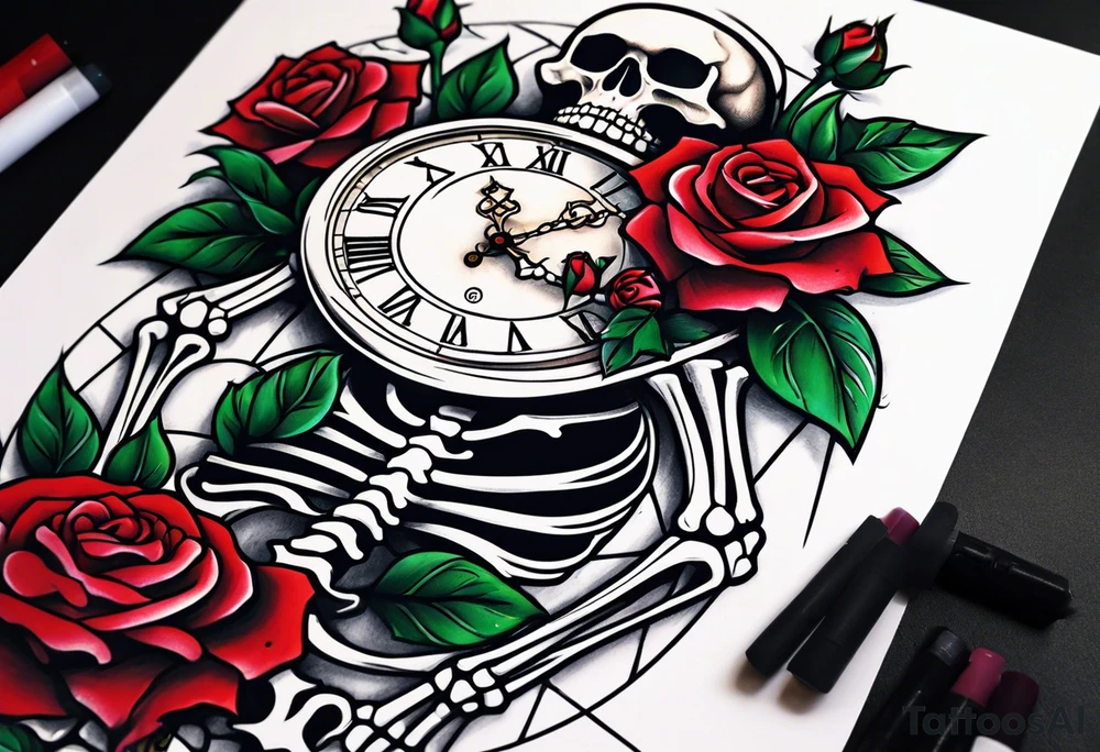 Skeleton with roses with clock tattoo tattoo idea