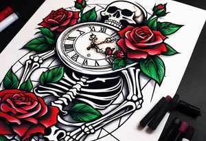 Skeleton with roses with clock tattoo tattoo idea