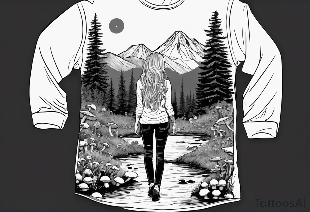 Whole picture encircled fully

Straight long blonde hair hippie girl in distance holding mushrooms in hand facing away toward mountains and creek surrounded by mushrooms long sleeve shirt and hiking pants; whole rendering within a full circle, no cut off circle tattoo idea