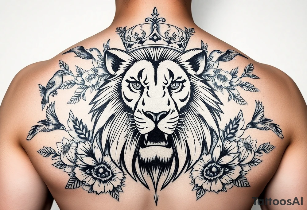 powerful majestic lion with a crown, surrounded by floral ornaments and birds tattoo idea