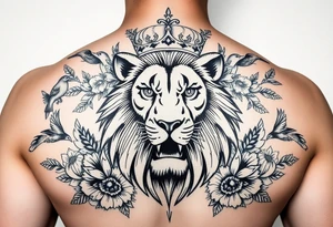 powerful majestic lion with a crown, surrounded by floral ornaments and birds tattoo idea