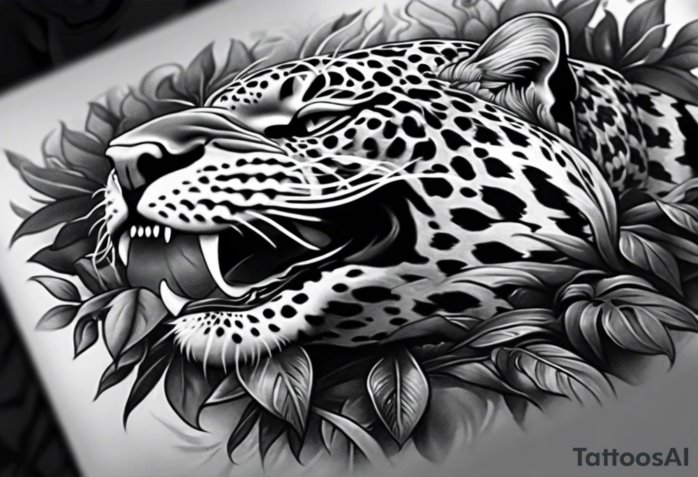 Black and grey realism with a pit viper snake, jaguar, and rainforest background for a forearm sleeve. Create the snake and jaguar to have aggressive features tattoo idea