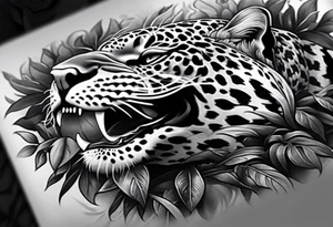 Black and grey realism with a pit viper snake, jaguar, and rainforest background for a forearm sleeve. Create the snake and jaguar to have aggressive features tattoo idea