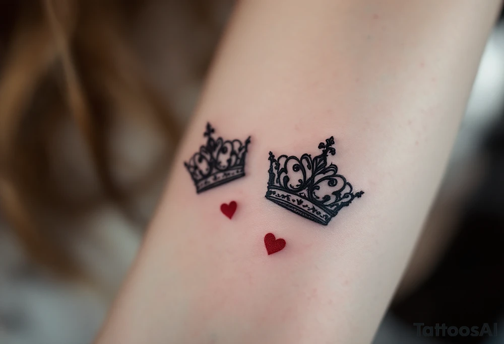 Ornate filigree-style black crowns with small deep red heart designs beneath each. tattoo idea