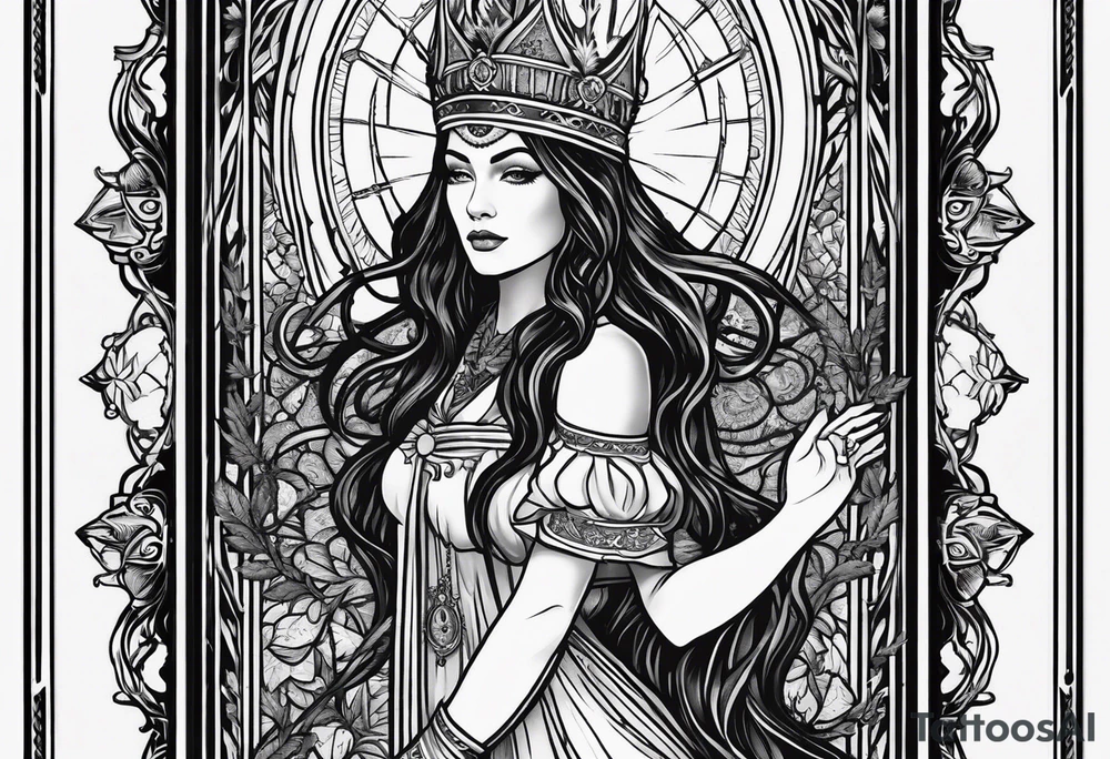 High priestess tarot card cannabis line work tattoo idea High priestess tarot card cannabis line work tattoo idea