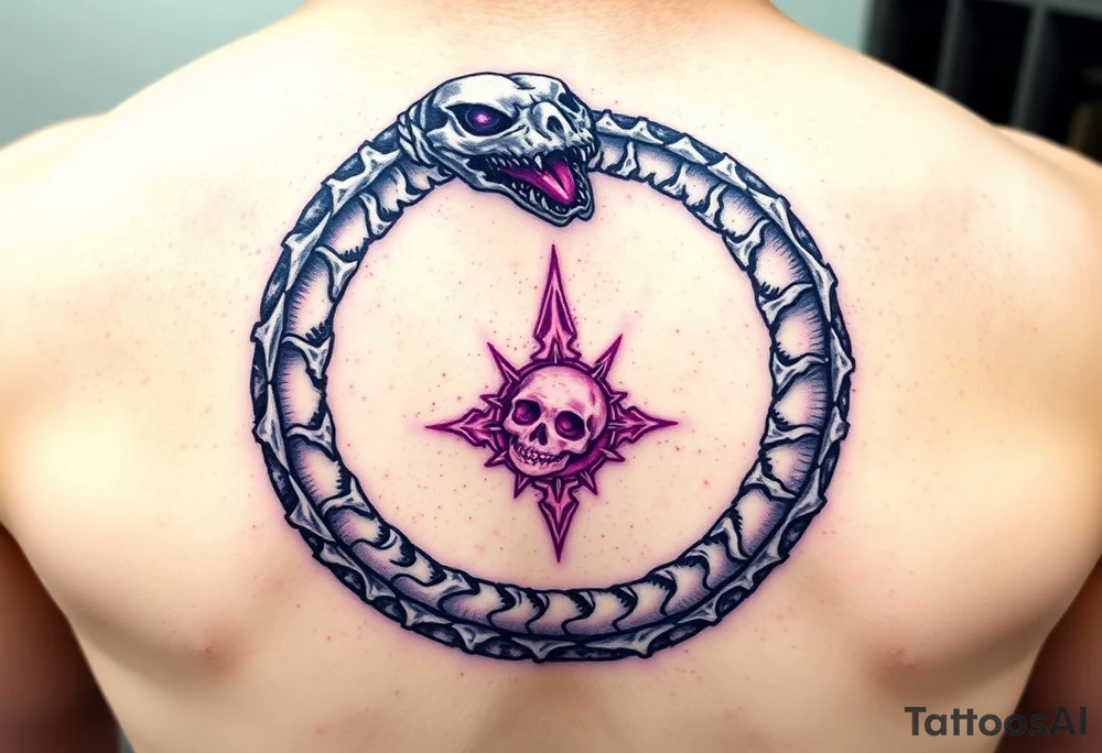 A skeletal Ouroboros snake forming cyrcle with silver bones and purple energy inside, representing death and rebirth. tattoo idea