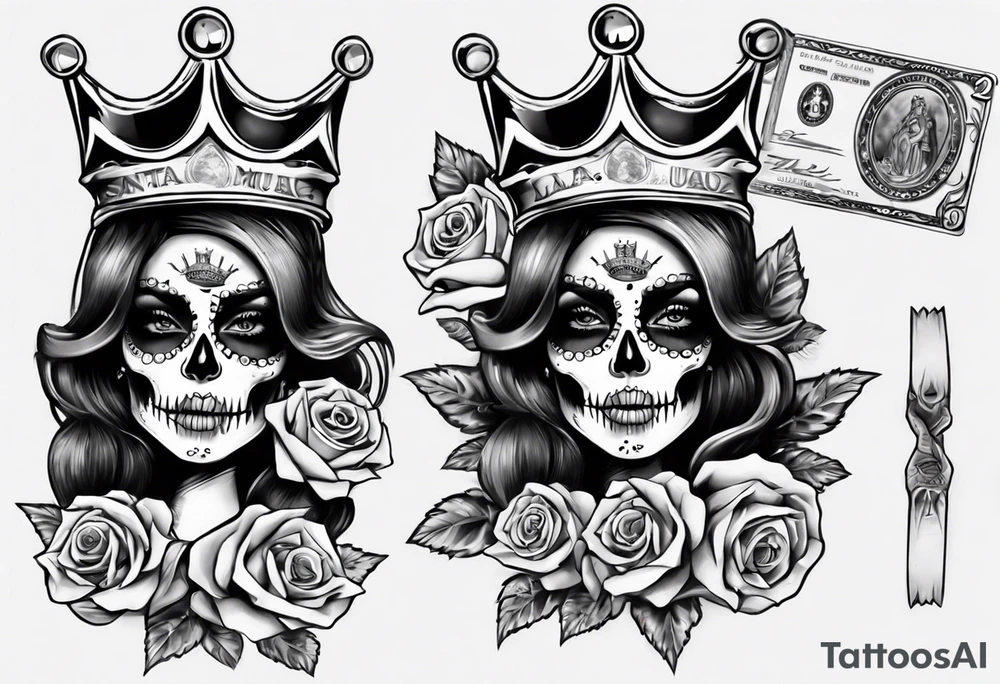santa la muerta with money and crown
on card tattoo idea